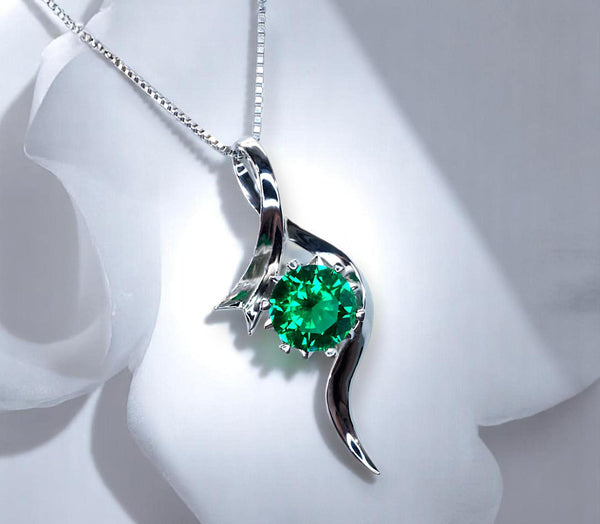 2 CT Round Emerald Necklace Sterling Silver Bow Swirl Infinity Green Emerald Pendant Green Gemstone Jewelry May Birthstone #509