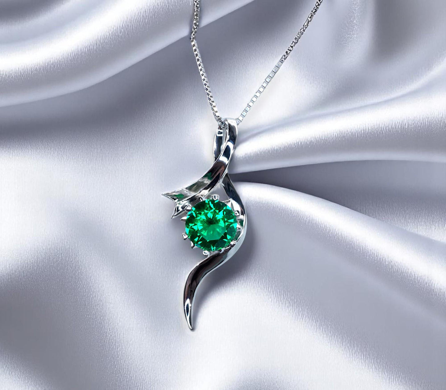 2 CT Round Emerald Necklace Sterling Silver Bow Swirl Infinity Green Emerald Pendant Green Gemstone Jewelry May Birthstone #509