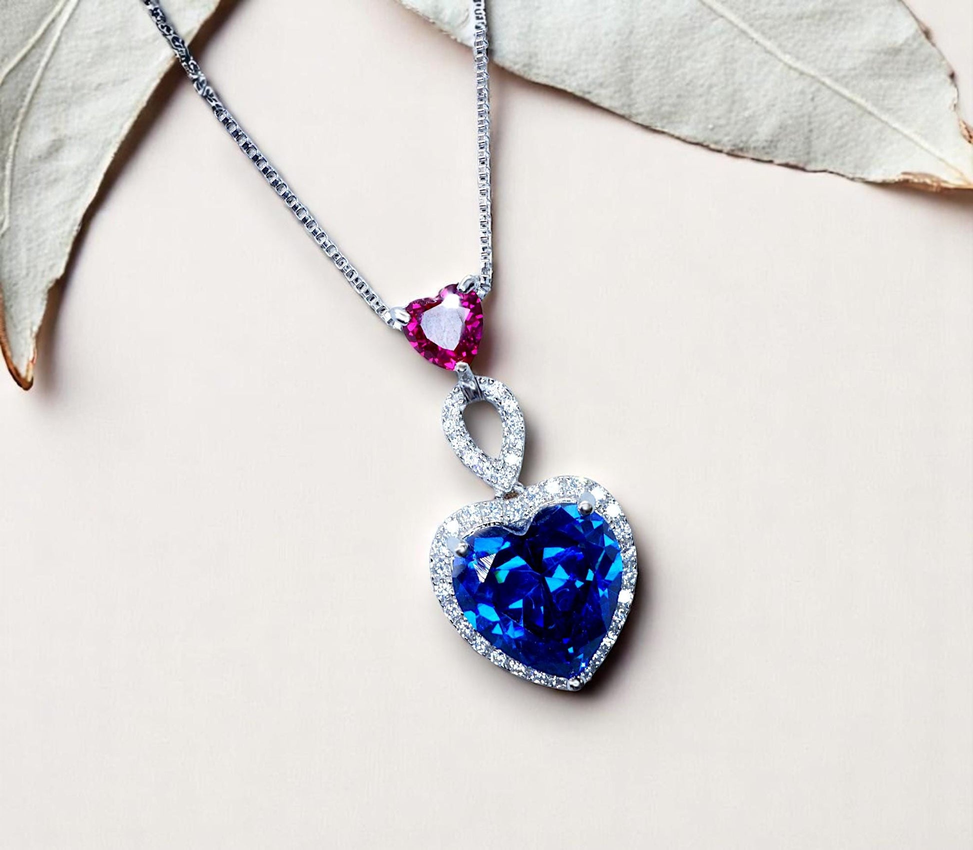 5 CT Blue Sapphire Double Heart Pendant Necklace – Sterling Silver, White Gold Coated – September Birthstone Gift for Her 741