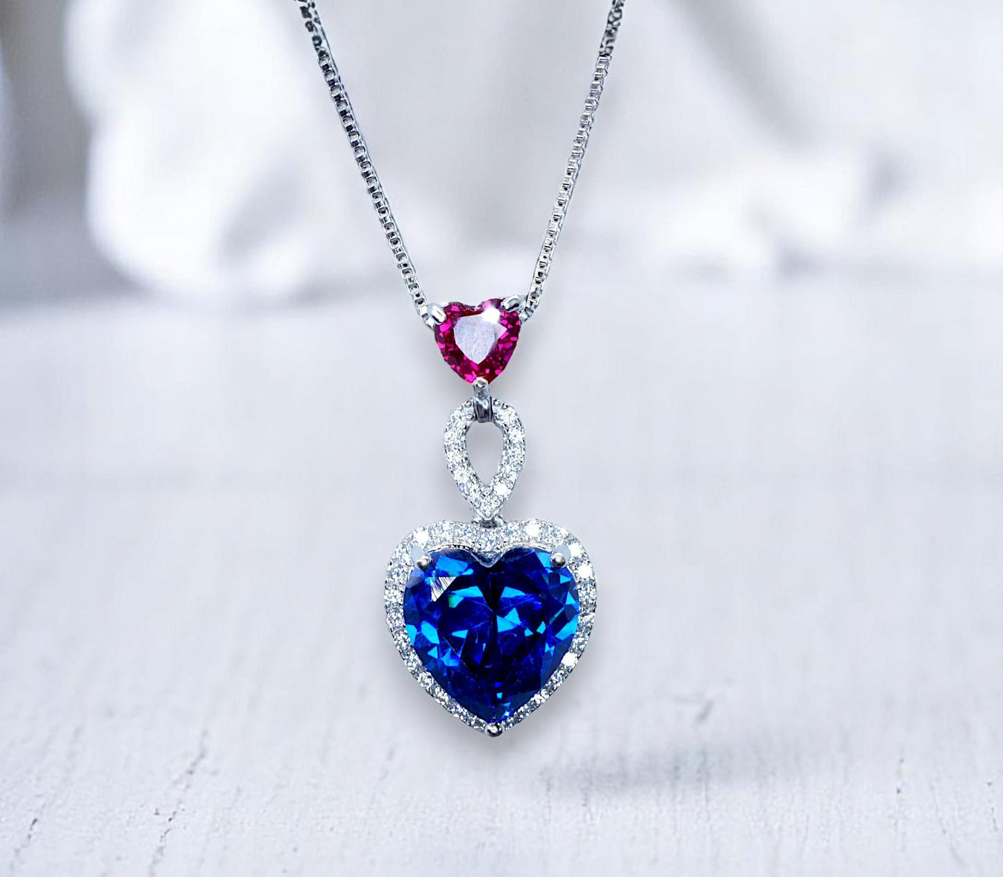 5 CT Blue Sapphire Double Heart Pendant Necklace – Sterling Silver, White Gold Coated – September Birthstone Gift for Her 741