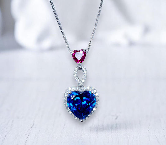 5 CT Blue Sapphire Double Heart Pendant Necklace – Sterling Silver, White Gold Coated – September Birthstone Gift for Her 741