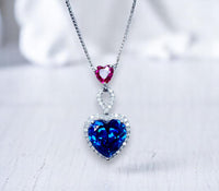5 CT Blue Sapphire Necklace Sterling Silver Double Heart Pendant White Gold Coated September Birthstone Ruby Heart Jewelry#741