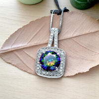 Mystic Topaz Pendant - 18KGP @ Sterling Silver - Gemstone Square Halo Solitaire - Royal Rainbow Topaz Jewelry #139