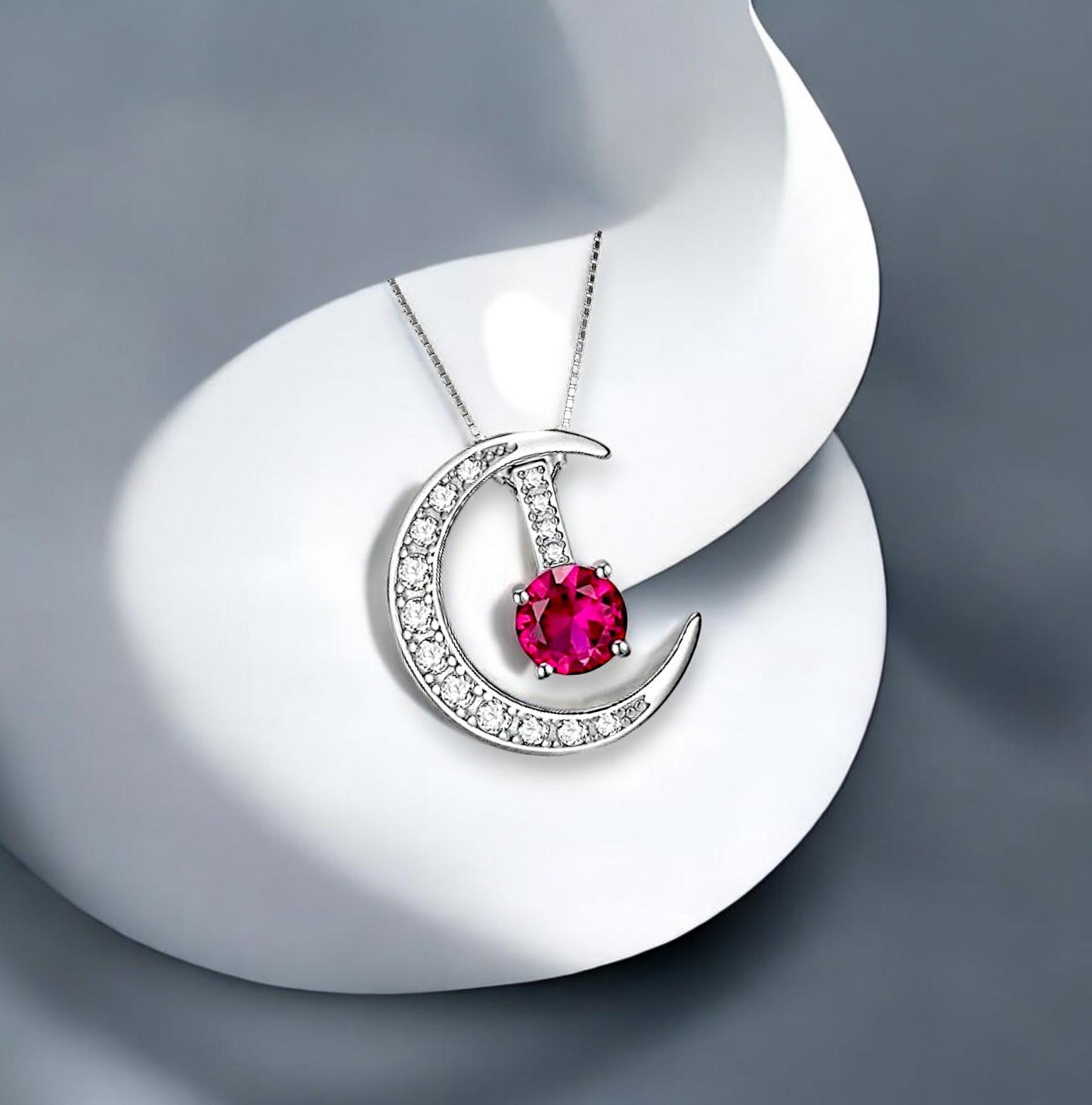 Crescent Moon Ruby Necklace full 925 Sterling Silver Two Pendant One Necklace July Birthstone chain #226