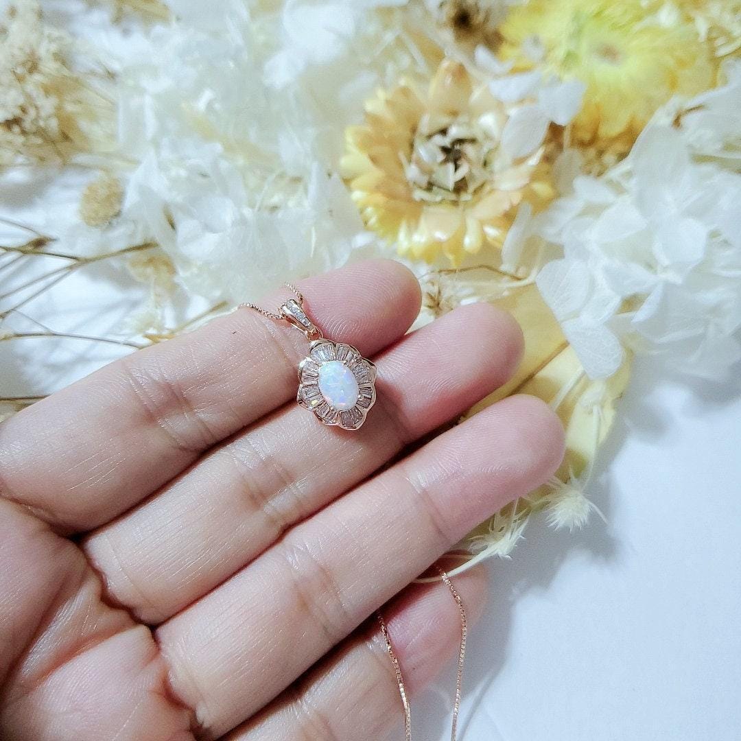 Opal Necklace - Tiny White Opal Rose gold 18KGP @ Sterling Silver - Small Gemstone flower style Opal Jewelry #308