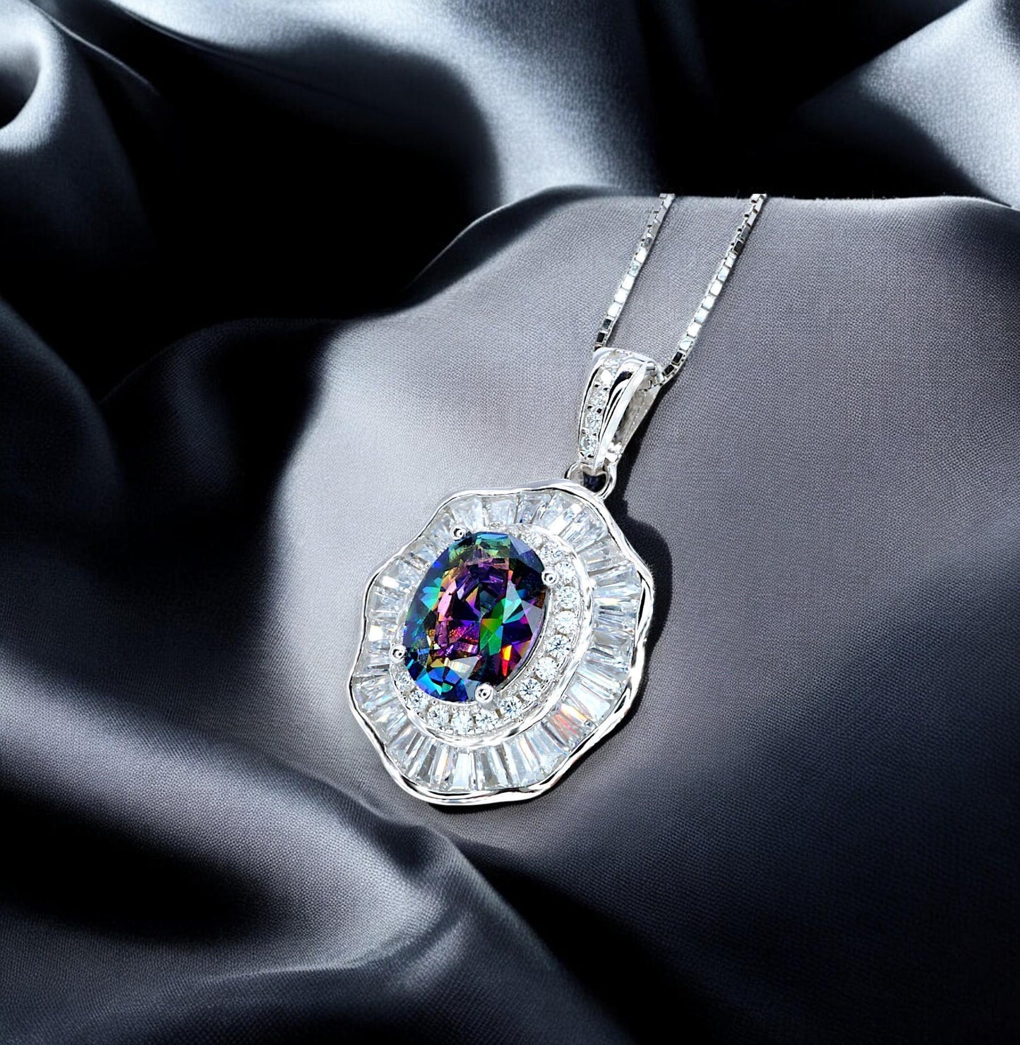 Lotus leaf Mystic Topaz Necklace Sterling Silver Flower Petal Pendant White Gold plated oval rainbow gemstone 16"~20 adjustable chain #422