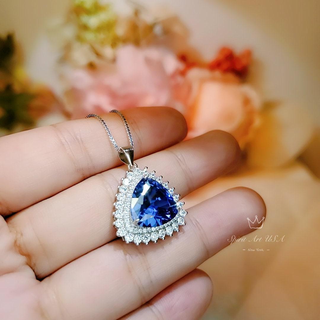 Large Trillion Tanzanite Necklace - Sterling Silver Solitaire Halo December Birthstone Triangle Lab Created Energic Tanzanite Pendant #774