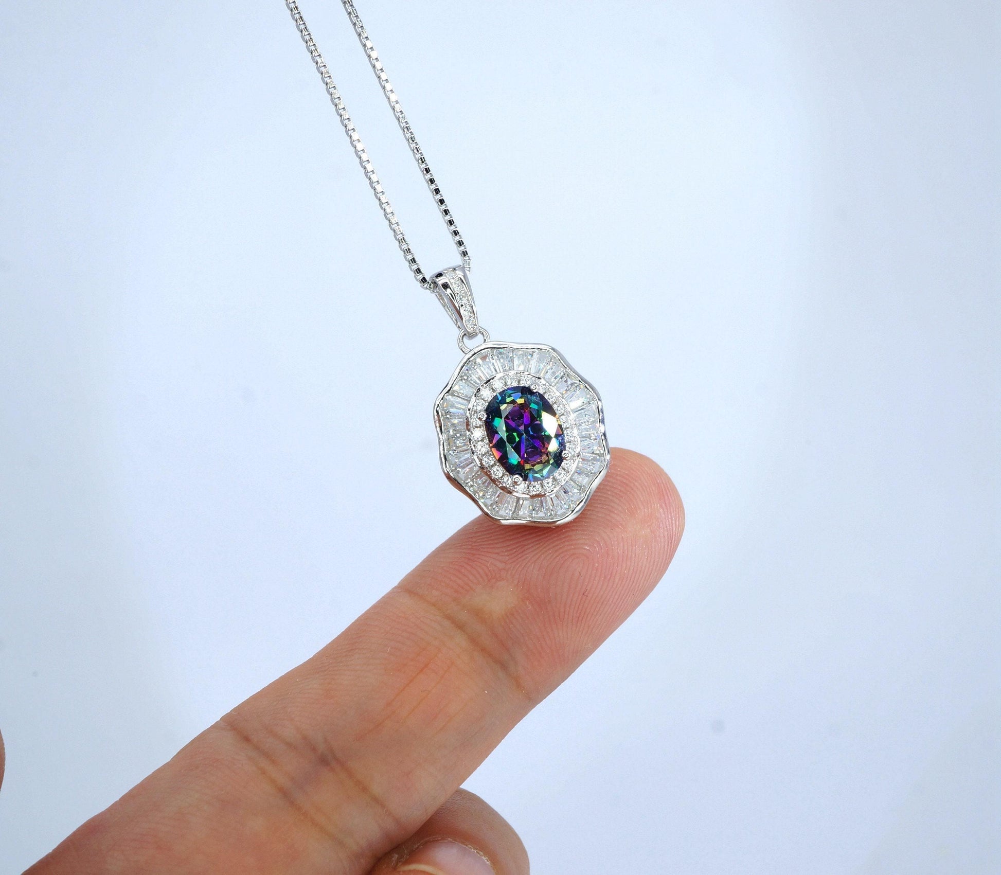 Lotus leaf Mystic Topaz Necklace Sterling Silver Flower Petal Pendant White Gold plated oval rainbow gemstone 16"~20 adjustable chain #422