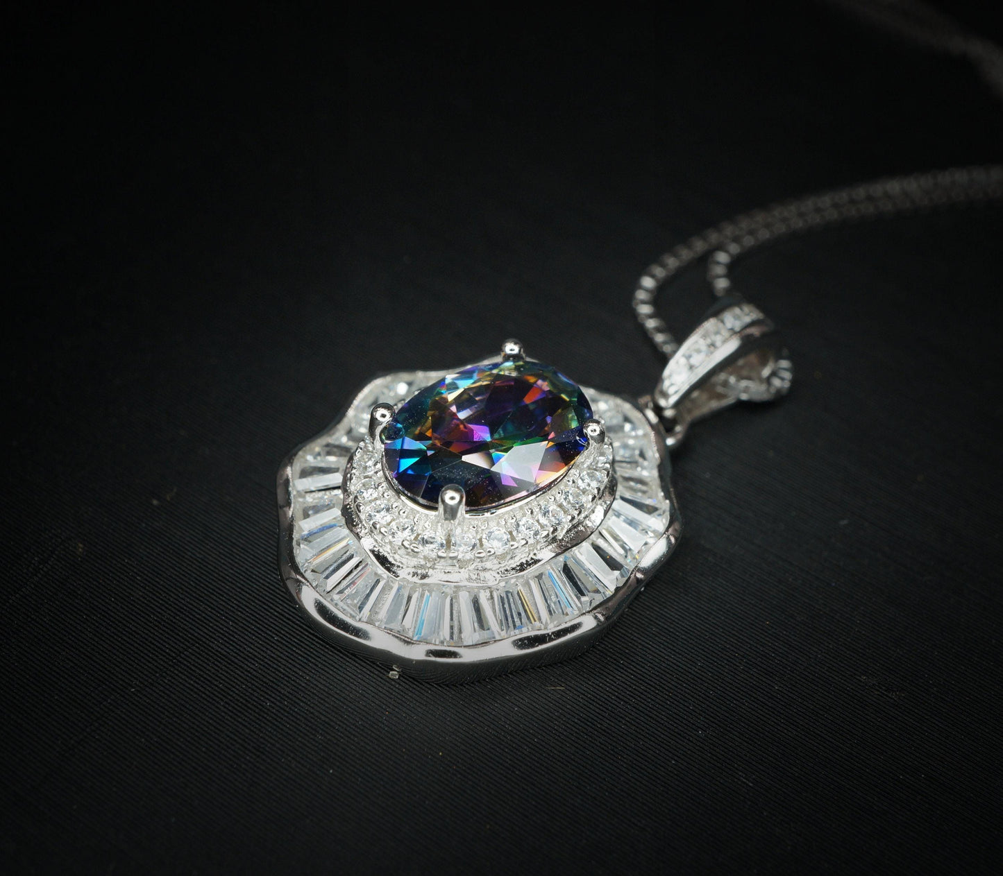 Lotus leaf Mystic Topaz Necklace Sterling Silver Flower Petal Pendant White Gold plated oval rainbow gemstone 16"~20 adjustable chain #422