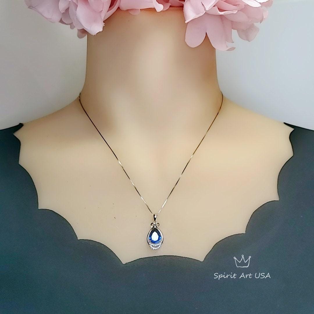 Blue Sapphire Necklace - Teardrop Gemstone White Gold Sterling silver 2.8 CT Sapphire Pendant - Large Bridal Jewelry #487