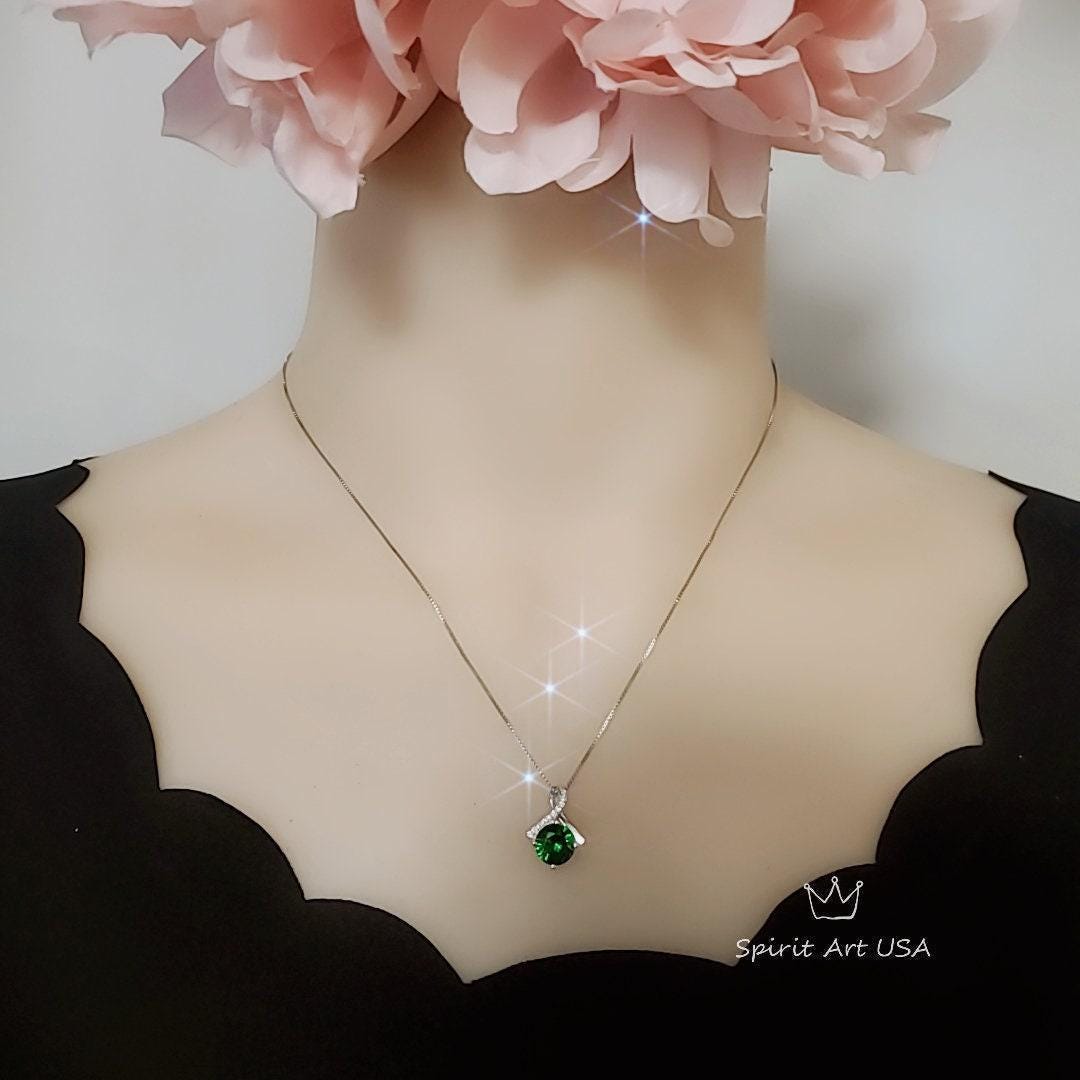 2 CT Emerald Necklace Simple Bowknot Green Emerald Pendant Sterling Silver White Gold plated Minimalist Green Gemstone #286