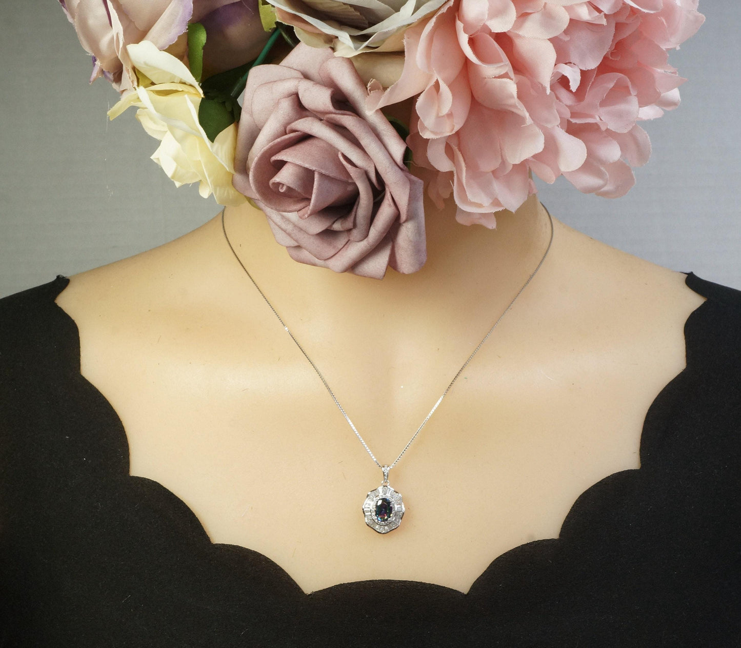 Lotus leaf Mystic Topaz Necklace Sterling Silver Flower Petal Pendant White Gold plated oval rainbow gemstone 16"~20 adjustable chain #422