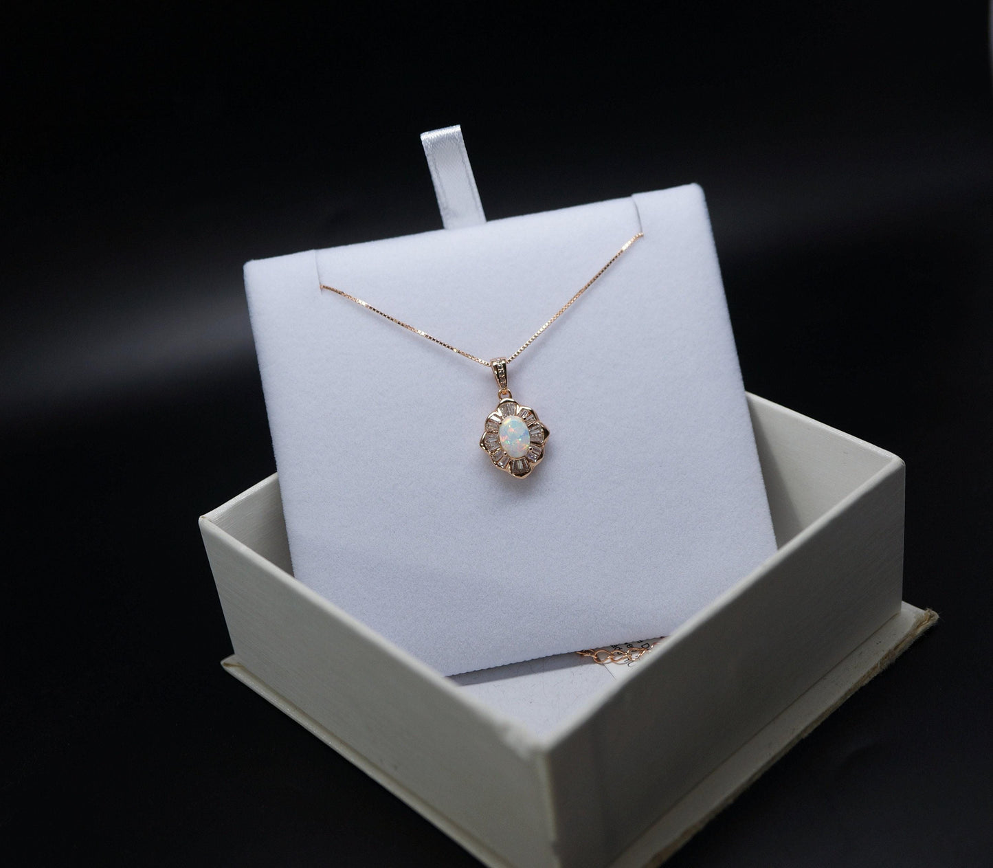 Opal Necklace - Tiny White Opal Rose gold 18KGP @ Sterling Silver - Small Gemstone flower style Opal Jewelry #308
