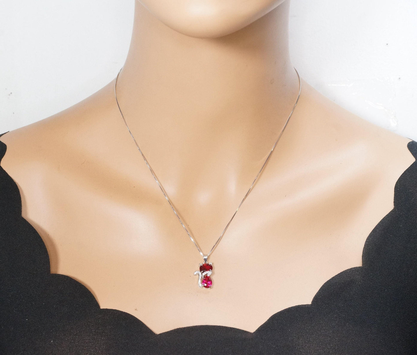 Ruby Necklace Sterling Silver Cat 1.5 Ct Kitty Sim Gemstone Red Pendant 18kgp July Birthstone Pet Lover Jewelry #211