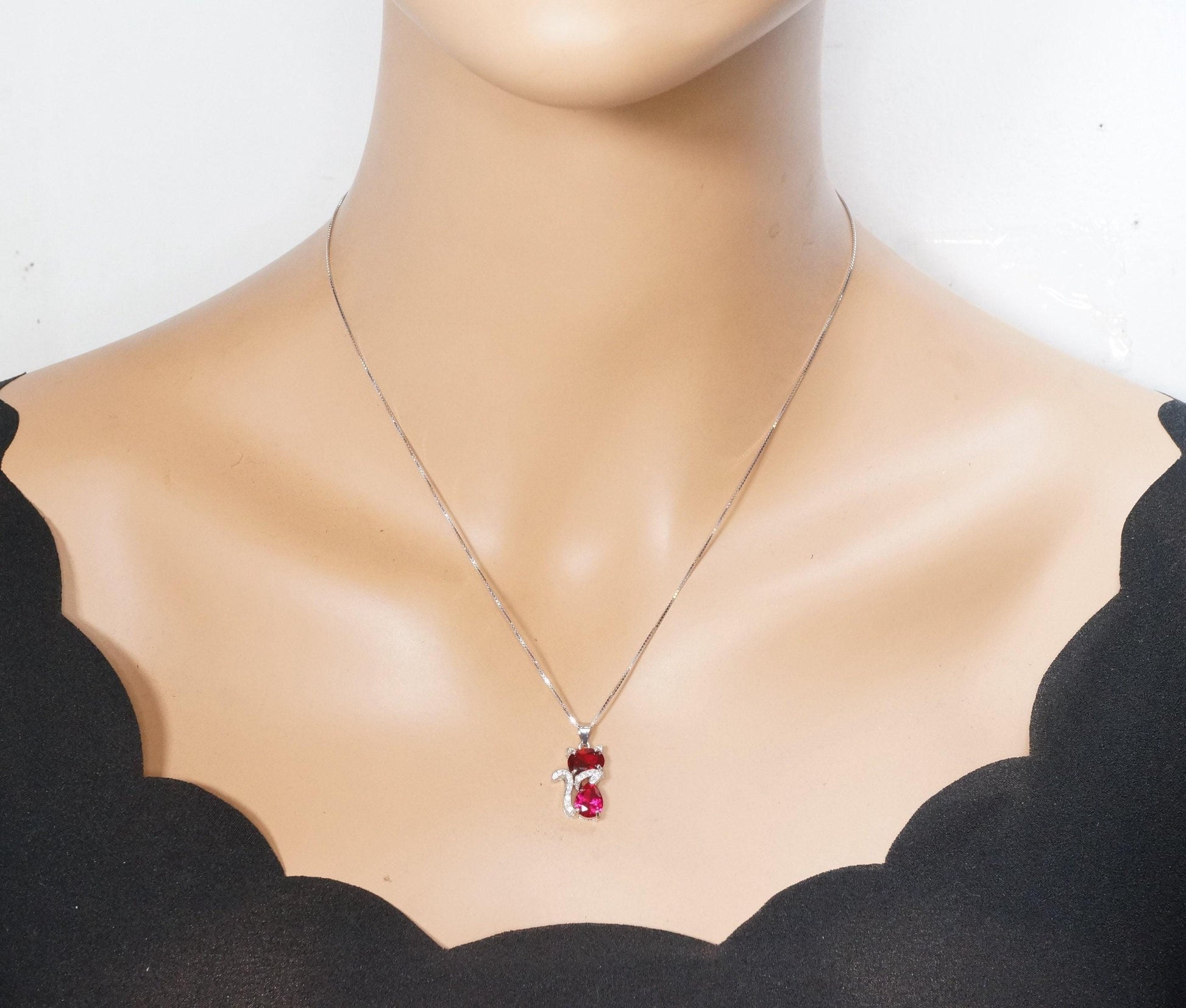 Ruby Necklace Sterling Silver Cat 1.5 Ct Kitty Sim Gemstone Red Pendant 18kgp July Birthstone Pet Lover Jewelry #211