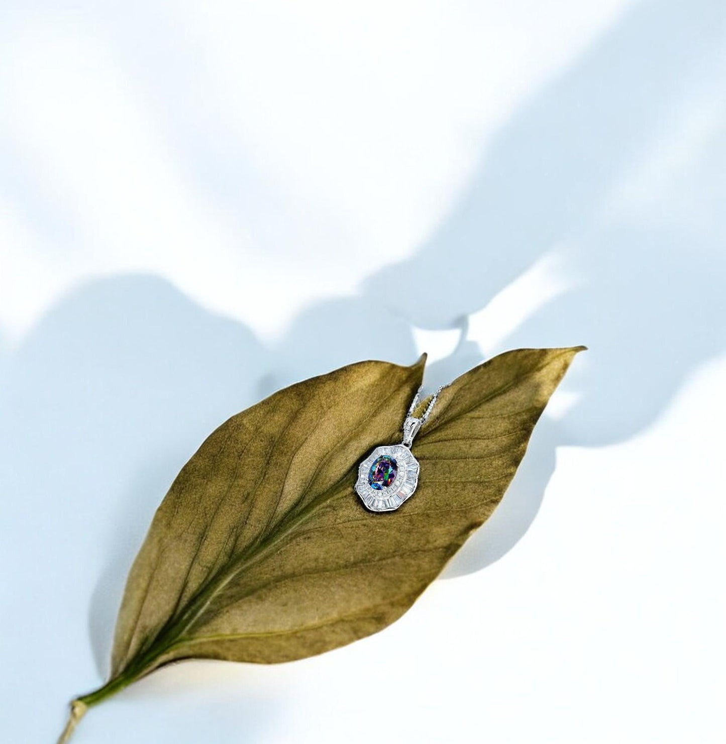 Lotus leaf Mystic Topaz Necklace Sterling Silver Flower Petal Pendant White Gold plated oval rainbow gemstone 16"~20 adjustable chain #422