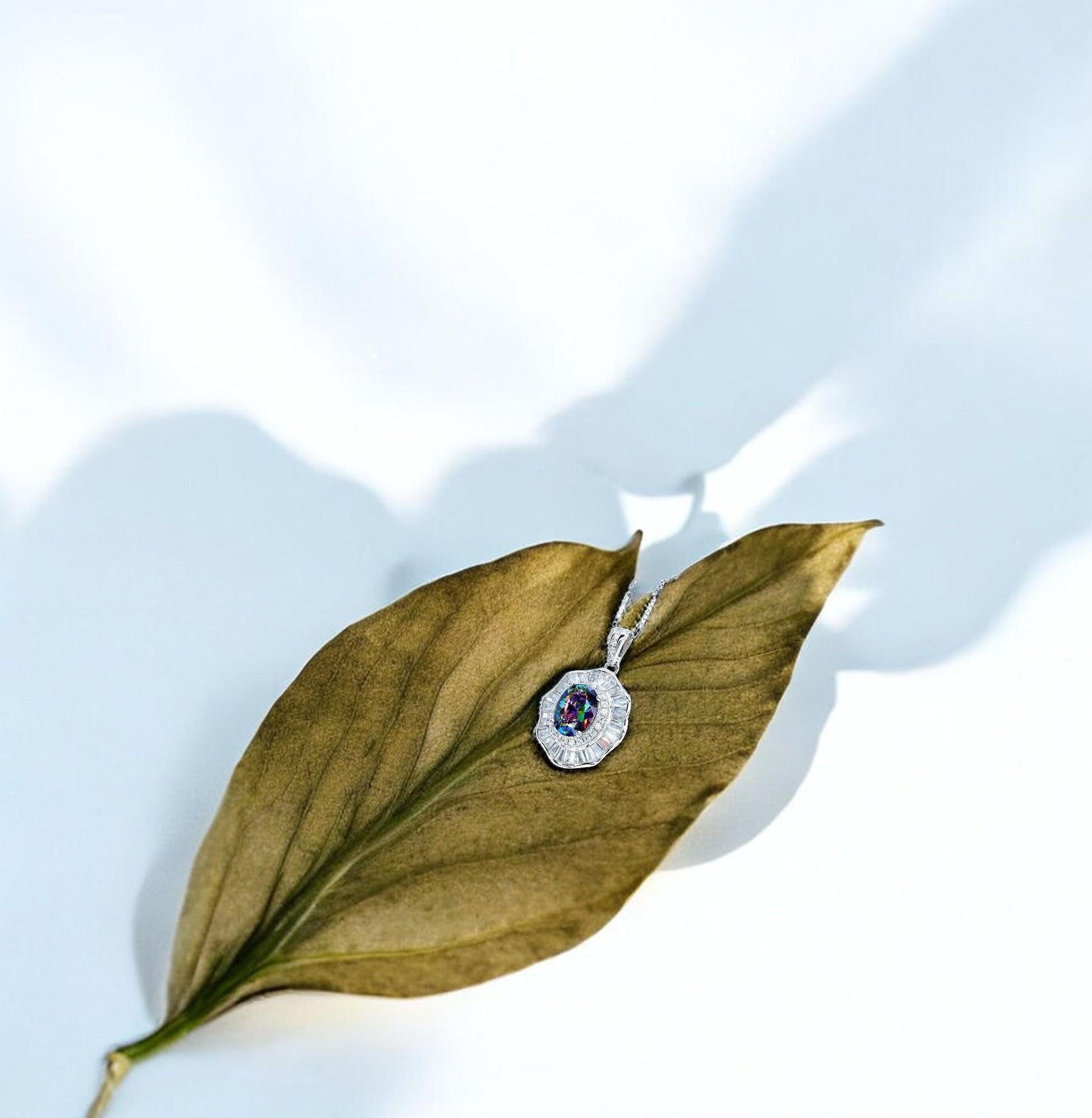 Lotus leaf Mystic Topaz Necklace Sterling Silver Flower Petal Pendant White Gold plated oval rainbow gemstone 16"~20 adjustable chain #422