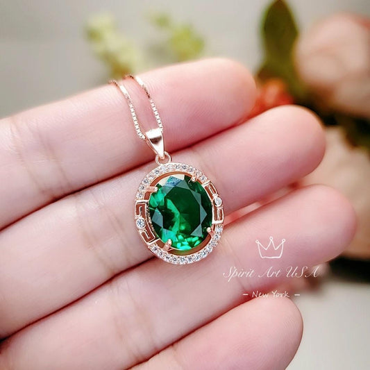 Rose Gold Coated Sterling Silver Oval Cut Green Emerald Pendant - 4.7 CT Large Emerald Necklace #629