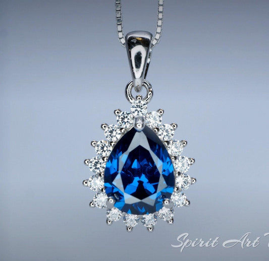 Teardrop Blue Sapphire Necklace Gemstone Halo 2.1 CT Sapphire Pendant Sterling Silver Pear Blue Gemstone Jewelry #394