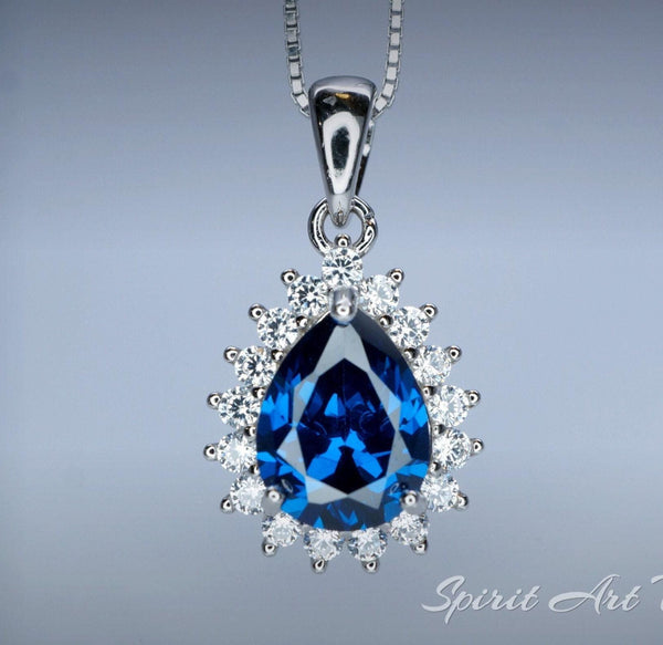 Teardrop Blue Sapphire Necklace Gemstone Halo 2.1 CT Sapphire Pendant Sterling Silver Pear Blue Gemstone Jewelry #394