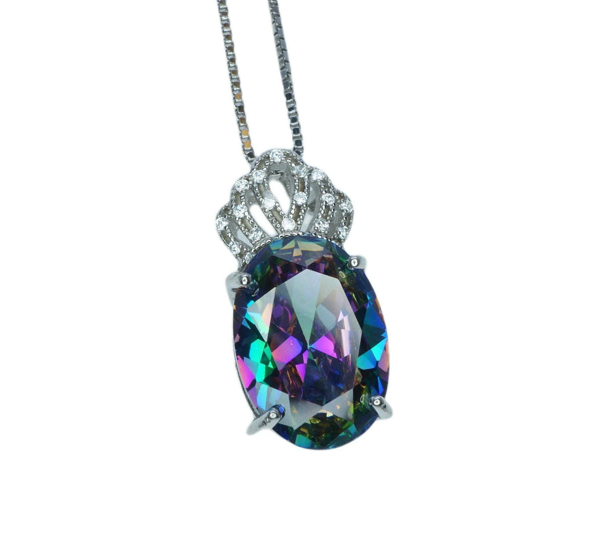 Mystic Rainbow Topaz Necklace – 6CT Crown Gemstone Pendant, 18K Gold Plated Sterling Silver Jewelry, November Birthstone Gift for Her #403