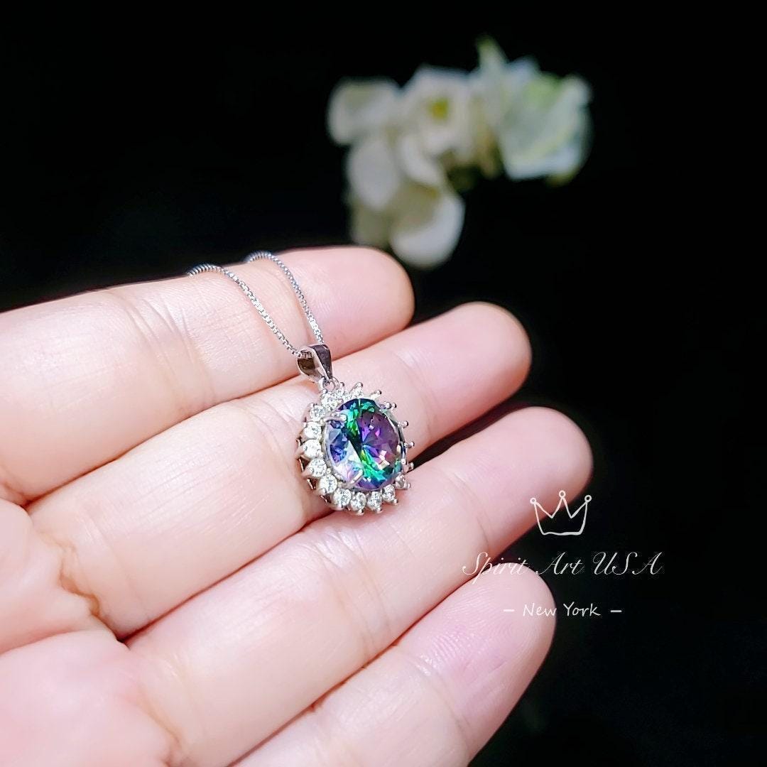 Mystic Topaz Necklace - Gemstone Sunflower Style - White Gold plated Sterling Silver - Princess Diana Style 10mm Rainbow Topaz Jewelry #363
