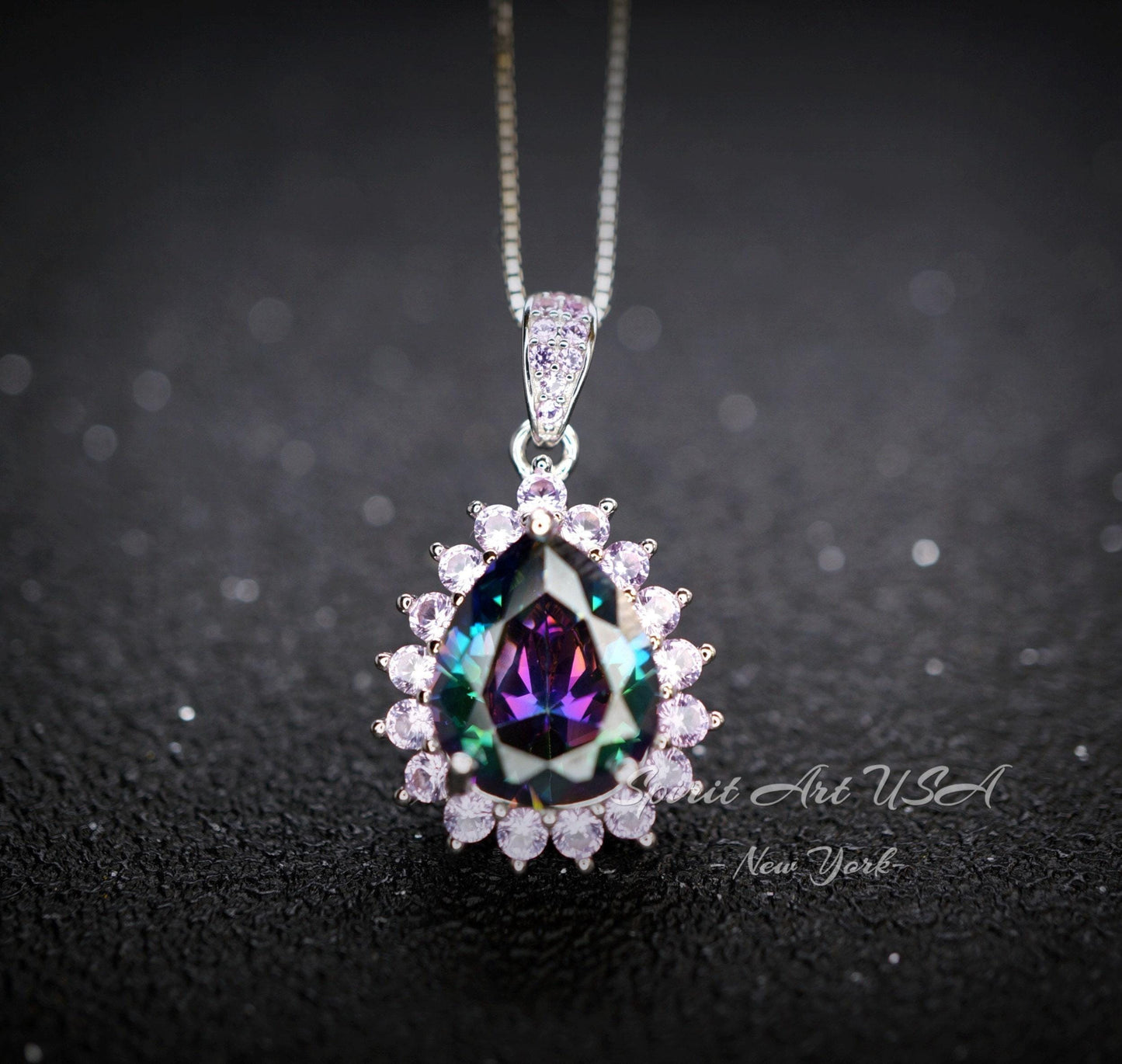 Mystic Rainbow Topaz Necklace – 4CT Teardrop Halo Pendant, Pink Tourmaline, 18K 925 Sterling Silver Jewelry November Birthstone #967