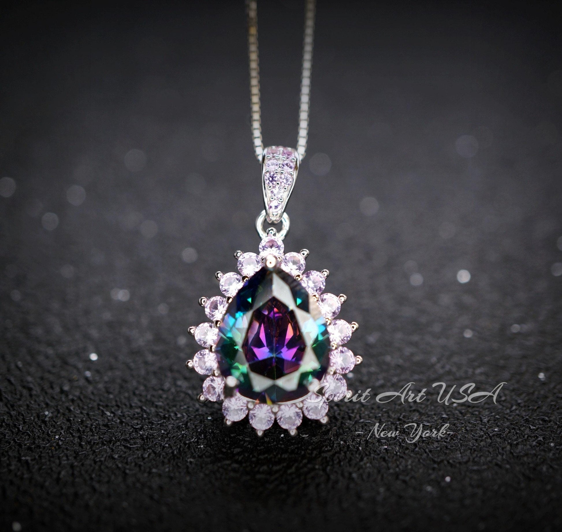 Mystic Rainbow Topaz Necklace – 4CT Teardrop Halo Pendant, Pink Tourmaline, 18K 925 Sterling Silver Jewelry November Birthstone #967