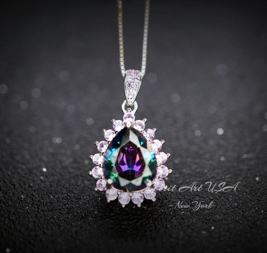 Mystic Rainbow Topaz Necklace – 4CT Teardrop Halo Pendant, Pink Tourmaline, 18K 925 Sterling Silver Jewelry November Birthstone #967