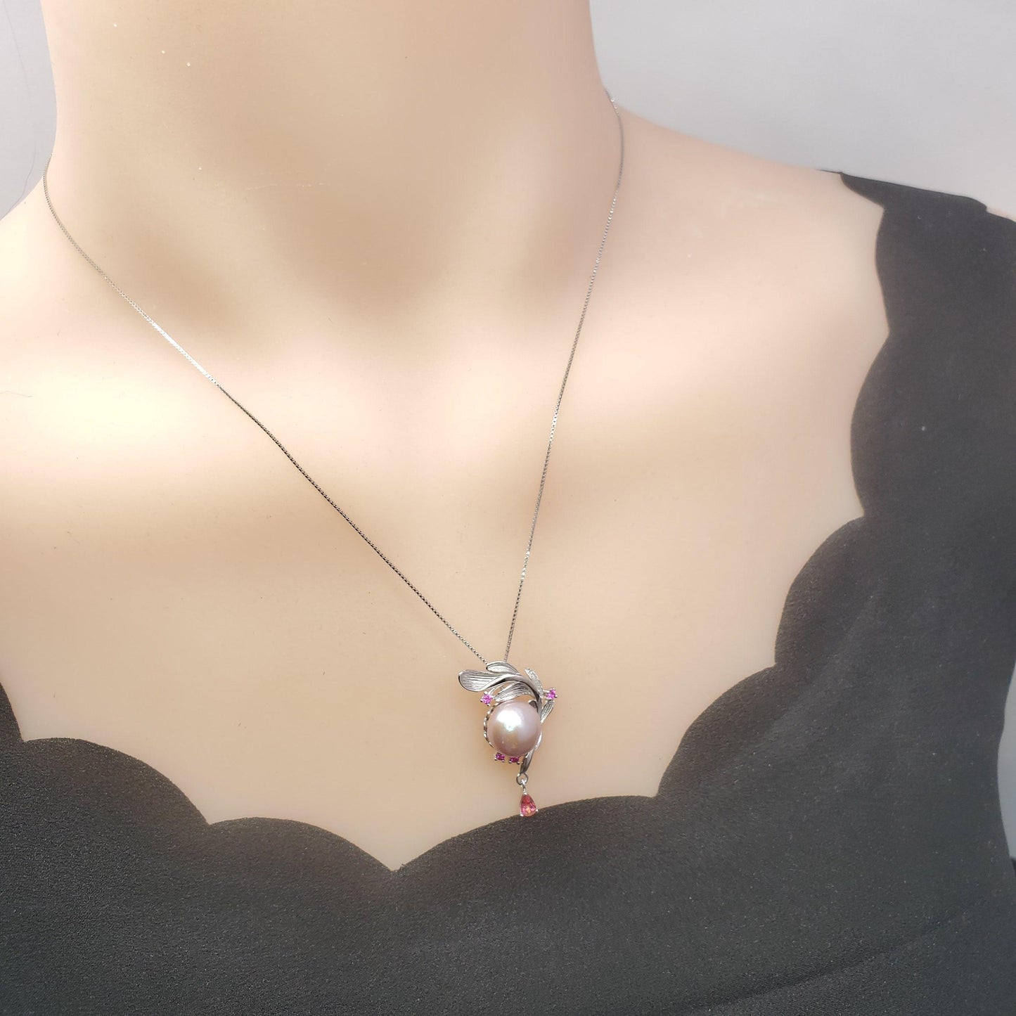 Pink Pearl Necklace Sterling Silver - Large 12mm Genuine Freshwater Pearl Leaf Leaves Ruby Feather Necklace 1100