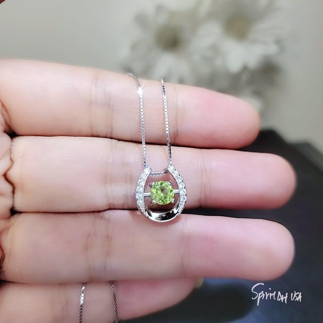 Tiny Green Peridot Necklace Sterling Silver Horseshoe Peridot Pendant