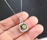 18KGP @ Sterling Silver Green Peridot Necklace - Square Halo Style Round Cut Lab Created Peridot Pendant 086