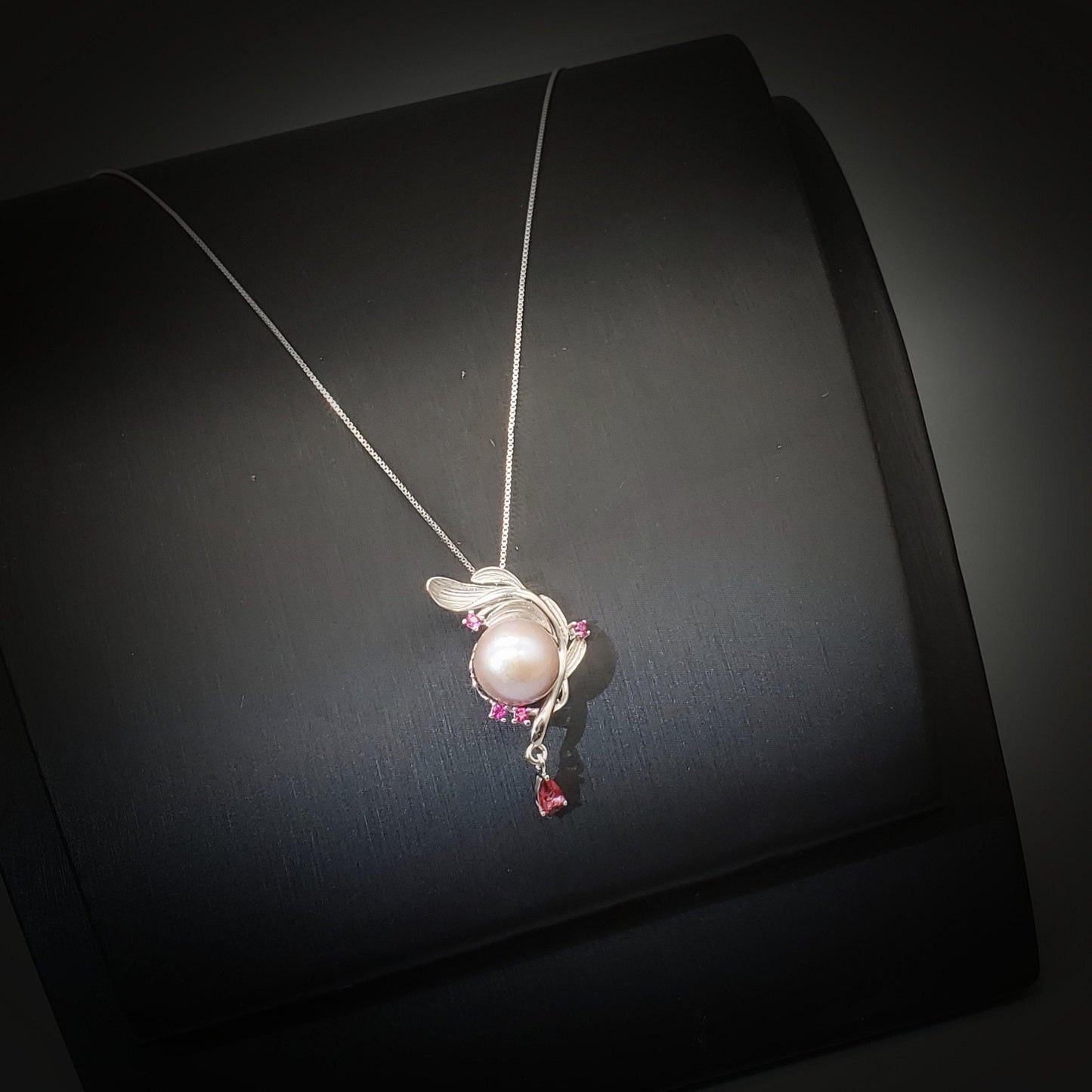 Pink Pearl Necklace Sterling Silver - Large 12mm Genuine Freshwater Pearl Leaf Leaves Ruby Feather Necklace 1100