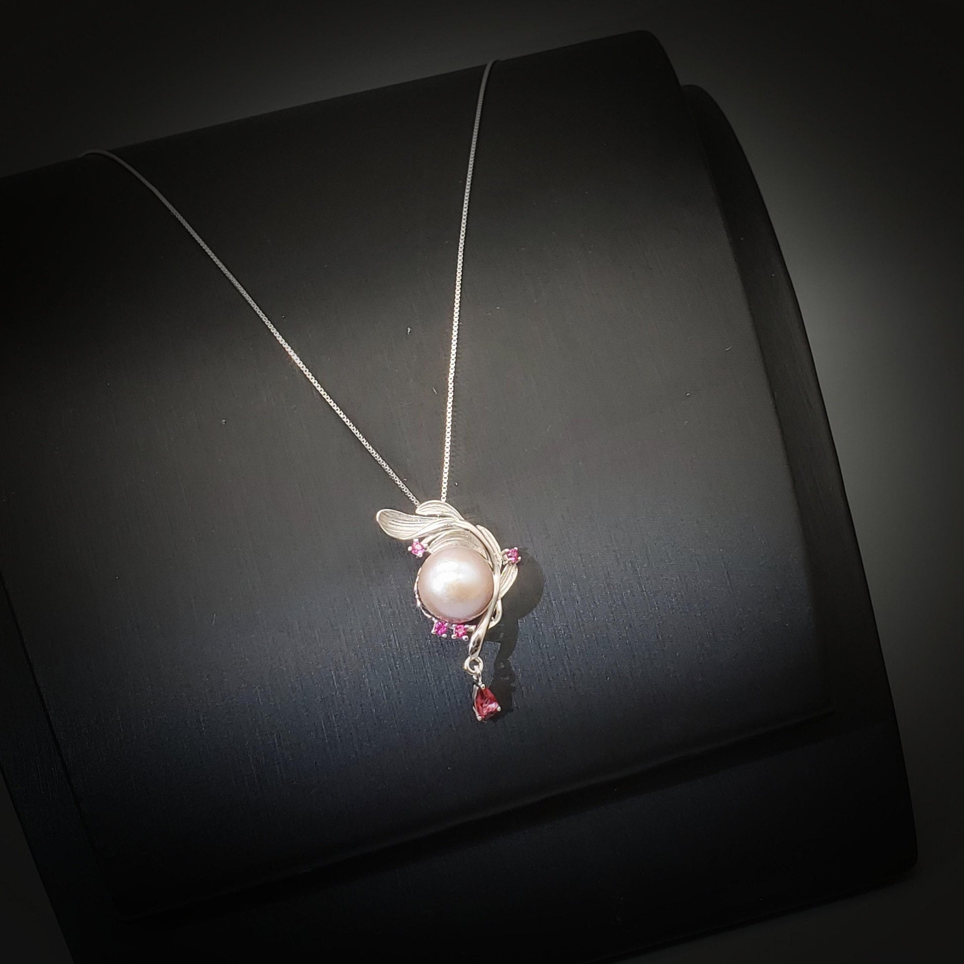 Pink Pearl Necklace Sterling Silver - Large 12mm Genuine Freshwater Pearl Leaf Leaves Ruby Feather Necklace 1100