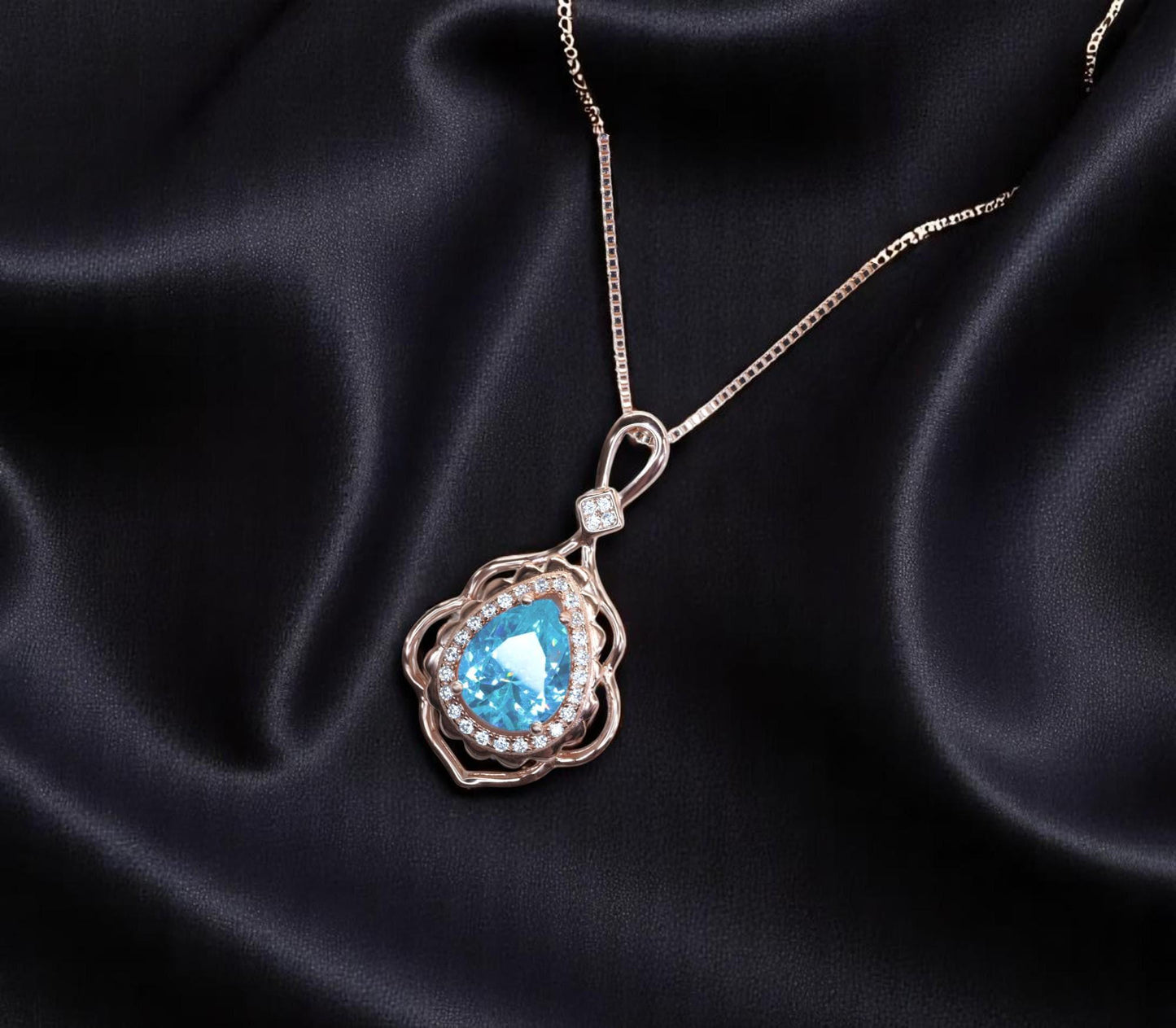 Sky Blue Aquamarine Necklace - Rose Gold Coated sterling Silver Flower Teardrop Large Aquamarine Pendant #639