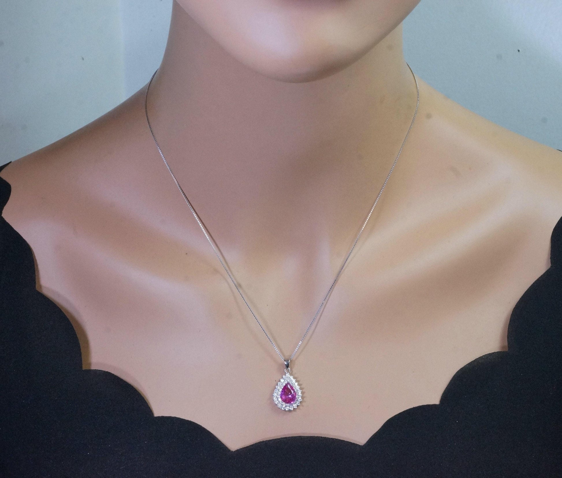 Pink Tourmaline Necklace - Gemstone Teardrop Halo Double Circle Pink Tourmaline Pendant Jewelry #374