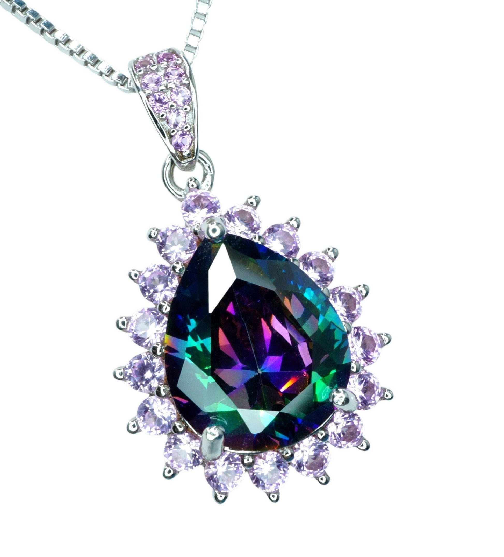 Mystic Rainbow Topaz Necklace – 4CT Teardrop Halo Pendant, Pink Tourmaline, 18K 925 Sterling Silver Jewelry November Birthstone #967