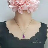 Large Pink Tourmaline Necklace - Leaf Oval 6 CT Fuchsia Red Tourmaline Pendant - 18kGP @ Sterling Silver 1093