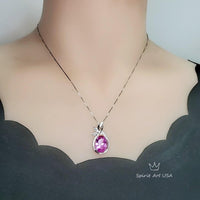 Large Pink Tourmaline Necklace - Leaf Oval 6 CT Fuchsia Red Tourmaline Pendant - 18kGP @ Sterling Silver 1093