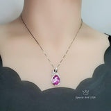 Large Pink Tourmaline Necklace - Leaf Oval 6 CT Fuchsia Red Tourmaline Pendant - 18kGP @ Sterling Silver 1093
