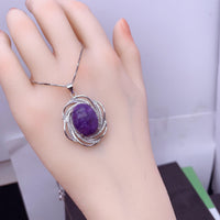 Charoite Necklace Sterling Silver - Diamond Surround Solitaire Natural Charoite Pendant Genuine Purple Real High Energy Third Eye Heal 1071
