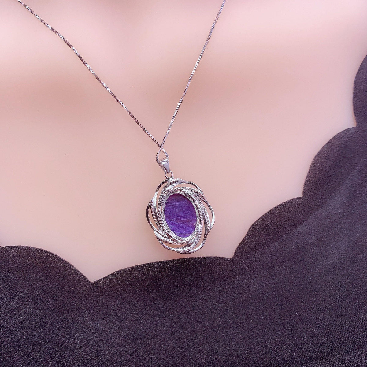 Charoite Necklace Sterling Silver - Diamond Surround Solitaire Natural Charoite Pendant Genuine Purple Real High Energy Third Eye Heal 1071