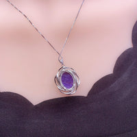 Charoite Necklace Sterling Silver - Diamond Surround Solitaire Natural Charoite Pendant Genuine Purple Real High Energy Third Eye Heal 1071