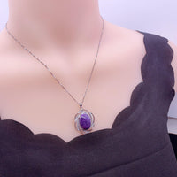 Charoite Necklace Sterling Silver - Diamond Surround Solitaire Natural Charoite Pendant Genuine Purple Real High Energy Third Eye Heal 1071