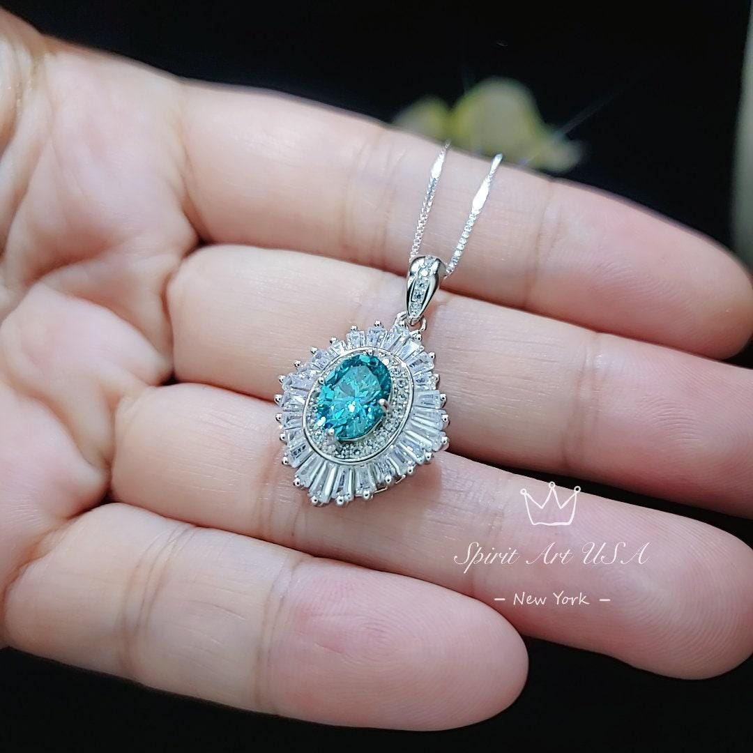 Gemstone Halo Green Paraiba Necklace Sparkling Paraiba Tourmaline Necklace - White Gold coated Sterling Silver 1.5Ct Paraiba Pendant #1008