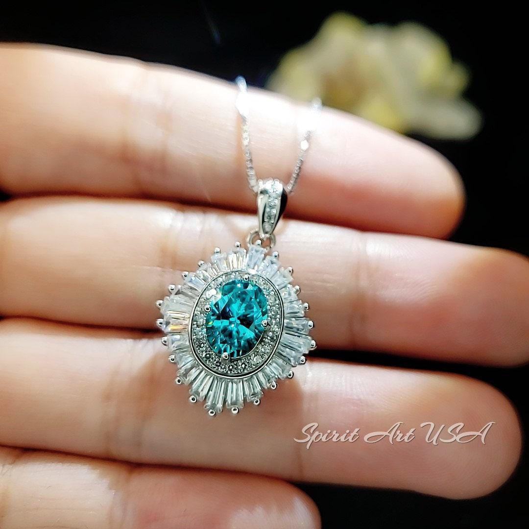 Gemstone Halo Green Paraiba Necklace Sparkling Paraiba Tourmaline Necklace - White Gold coated Sterling Silver 1.5Ct Paraiba Pendant #1008