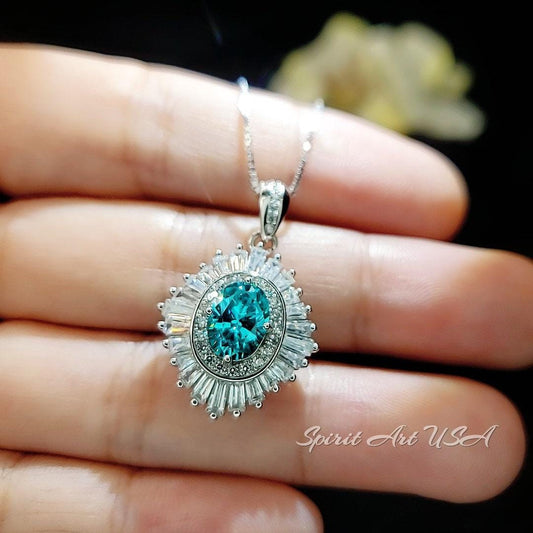 Gemstone Halo Green Paraiba Necklace Sparkling Paraiba Tourmaline Necklace - White Gold coated Sterling Silver 1.5Ct Paraiba Pendant #1008