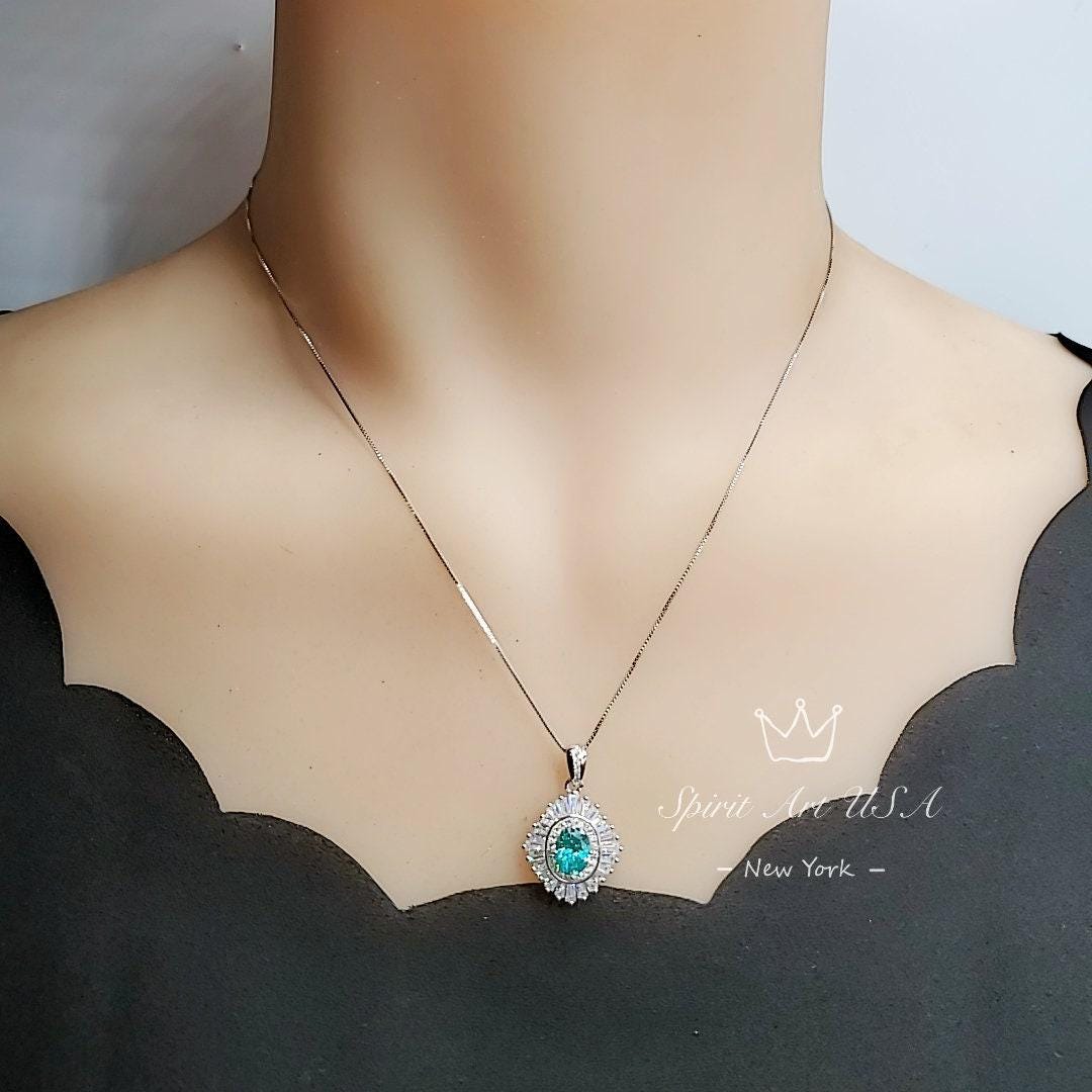 Gemstone Halo Green Paraiba Necklace Sparkling Paraiba Tourmaline Necklace - White Gold coated Sterling Silver 1.5Ct Paraiba Pendant #1008