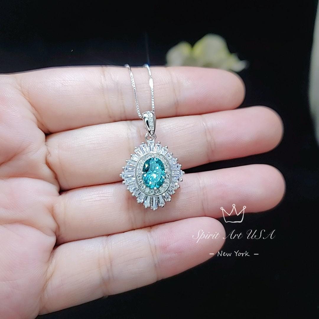 Gemstone Halo Green Paraiba Necklace Sparkling Paraiba Tourmaline Necklace - White Gold coated Sterling Silver 1.5Ct Paraiba Pendant #1008