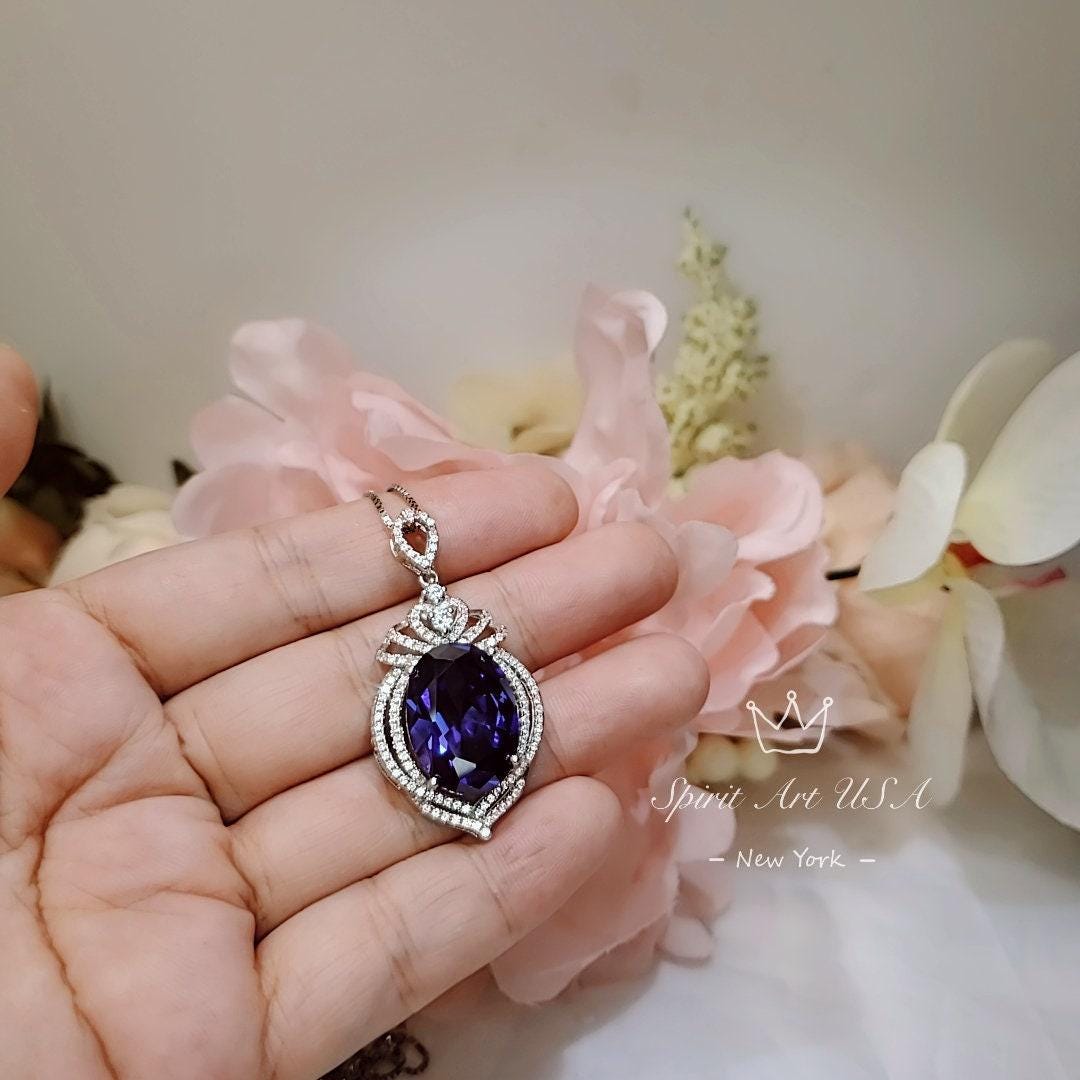 Large Tanzanite Sterling Silver Necklace 14 ct Oval fine Cut Blue Tanzanite Pendant - Crown Pendant 18k White Gold Coated Jewelry #916